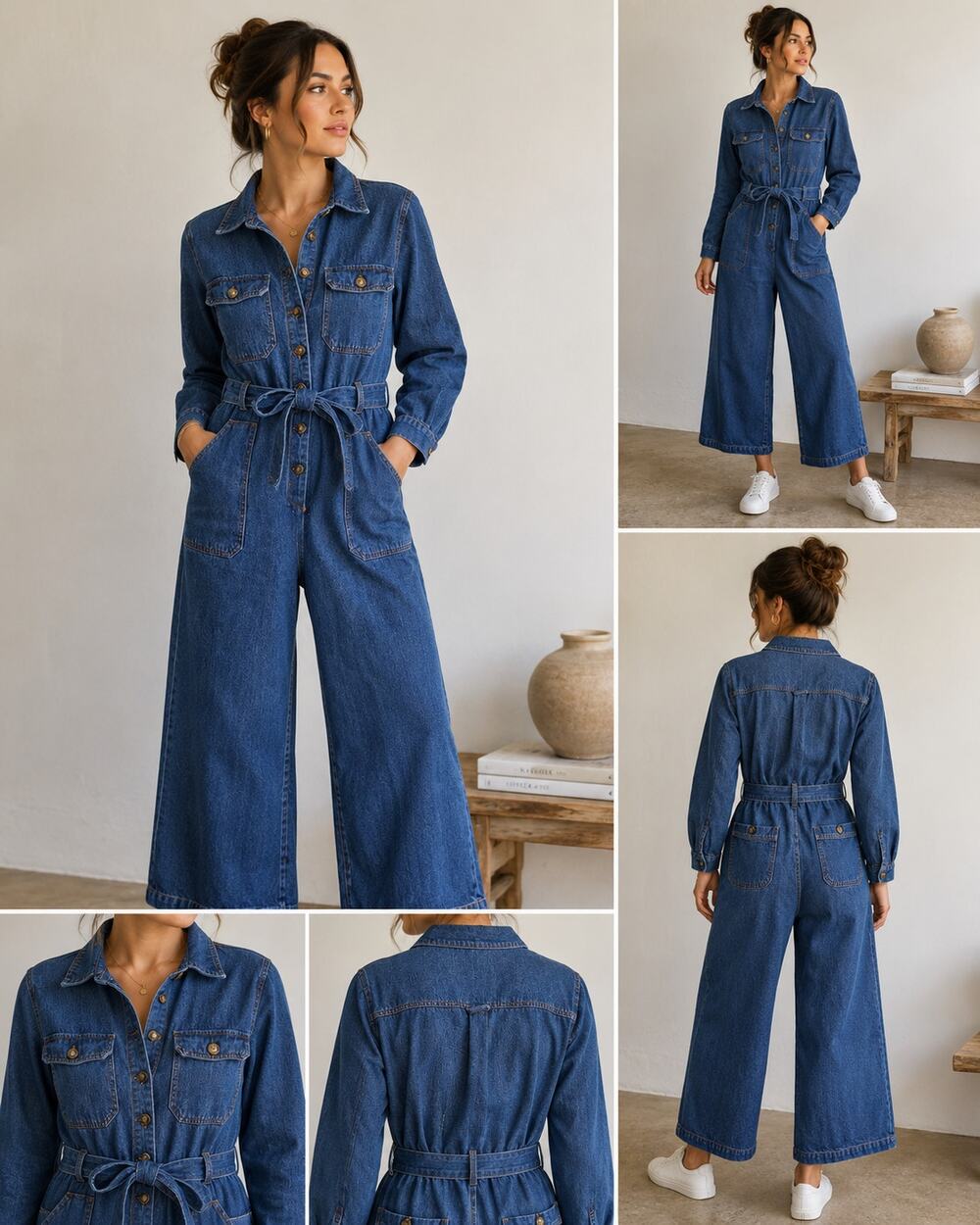 FRNCH Paris Denim Jumpsuit M Belted Wide Leg Utility Button Blue Boilersuit